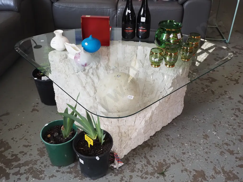 triangular glass top table with unusual composite stone and ball base H410 W960 D690 Image 1++