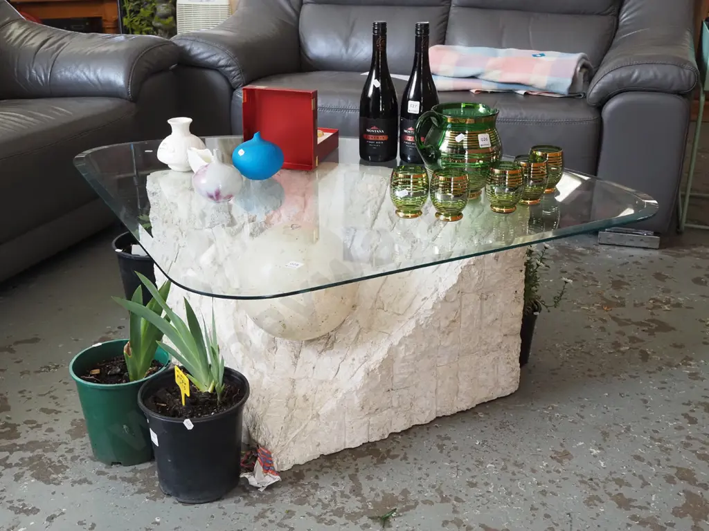 triangular glass top table with unusual composite stone and ball base H410 W960 D690 Image 1++