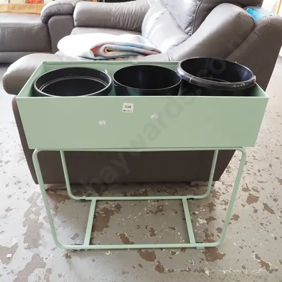 teal metal jardiniere stand with 3 plastic pots H600 W600 D250