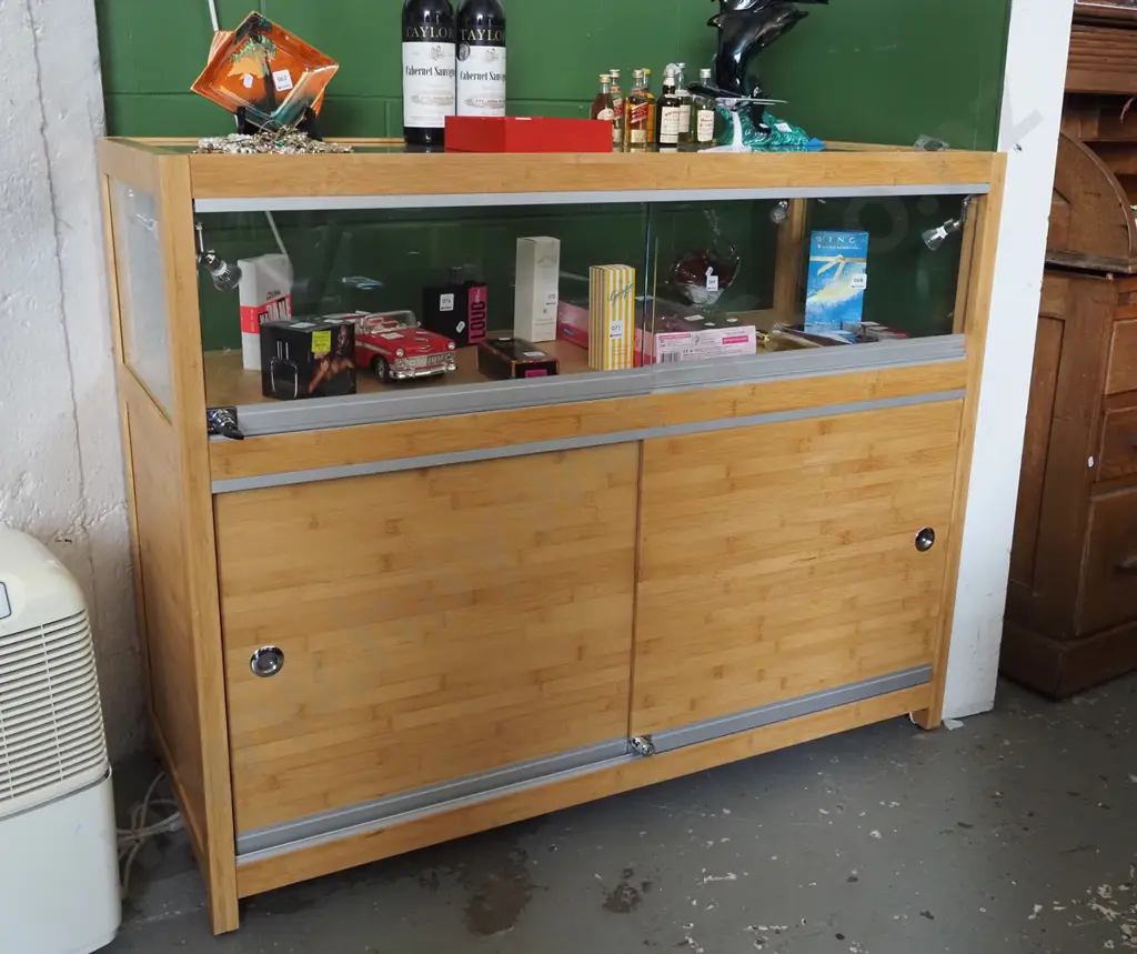 bamboo and glass illuminated display cabinet with lockable sliding doors H950 W1200 D500 Image 1++