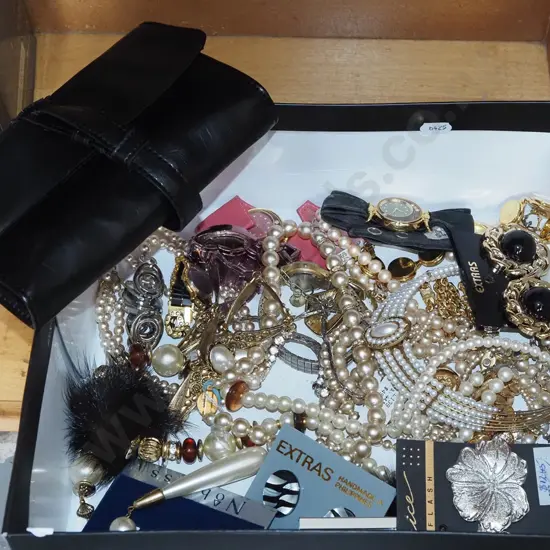 box; watches, clutch purse, costume jewellery etc