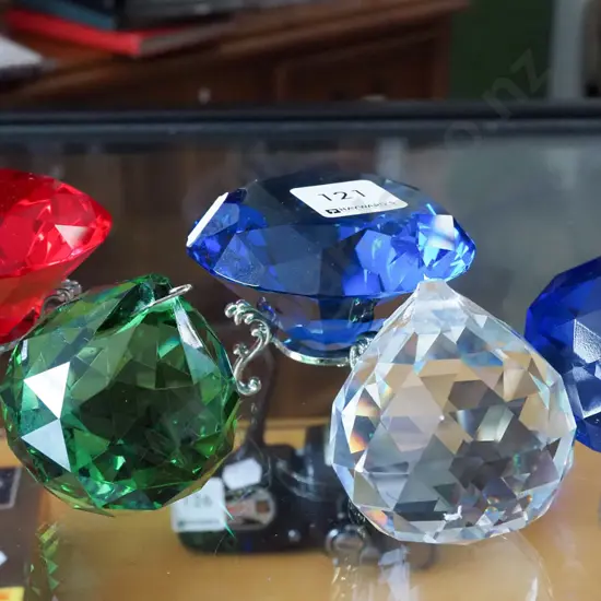 cut coloured and clear glass ornaments, stands