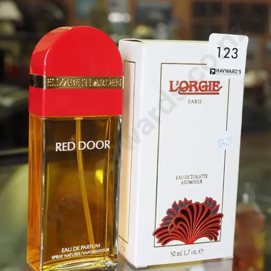 boxed L'Orgie eau de toilette (partial contents) - some staining to box, Elizabeth Arden Red Door