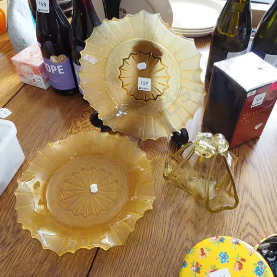 glass basket, 2x amber depression glass bowls