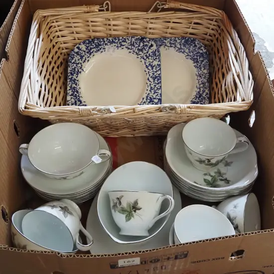 box; cane basket, Noritake grape leaf bowls etc