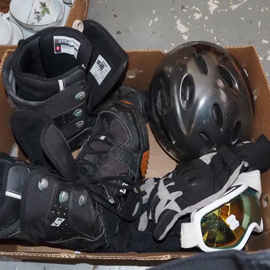 box; snowboard boots, helmet, gloves etc