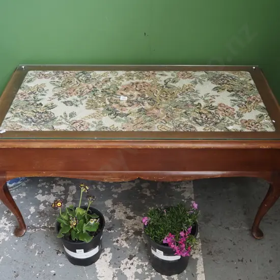 cab leg tapestry and glass top lift up storage coffee table H500 W1020 D530