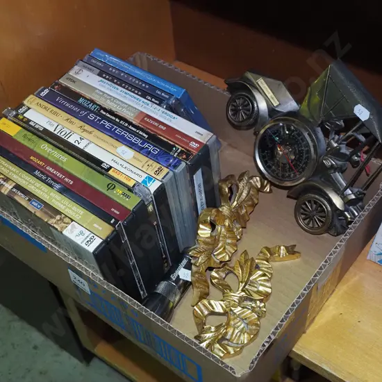 box; DVDs, CDs, wall mounted barometer etc