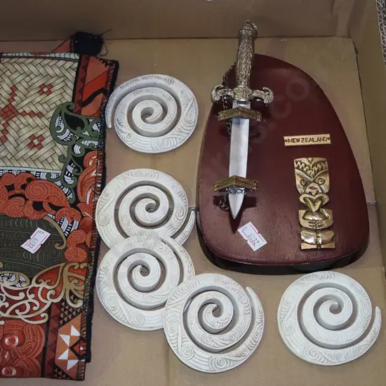 boxed carved bone koros, sash, souvenir letter opener