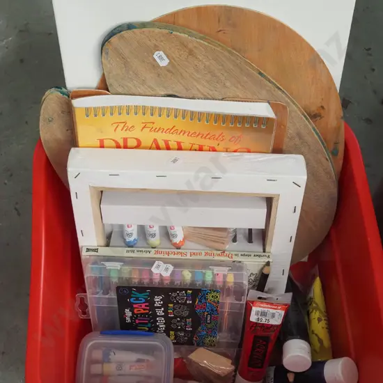 box of artists supplies, palettes, canvases, books etc