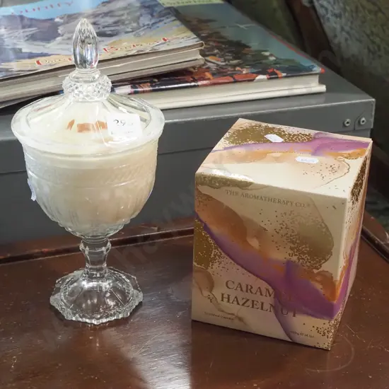 scented candle in glass footed lidded goblet, boxed aromatherapy candle