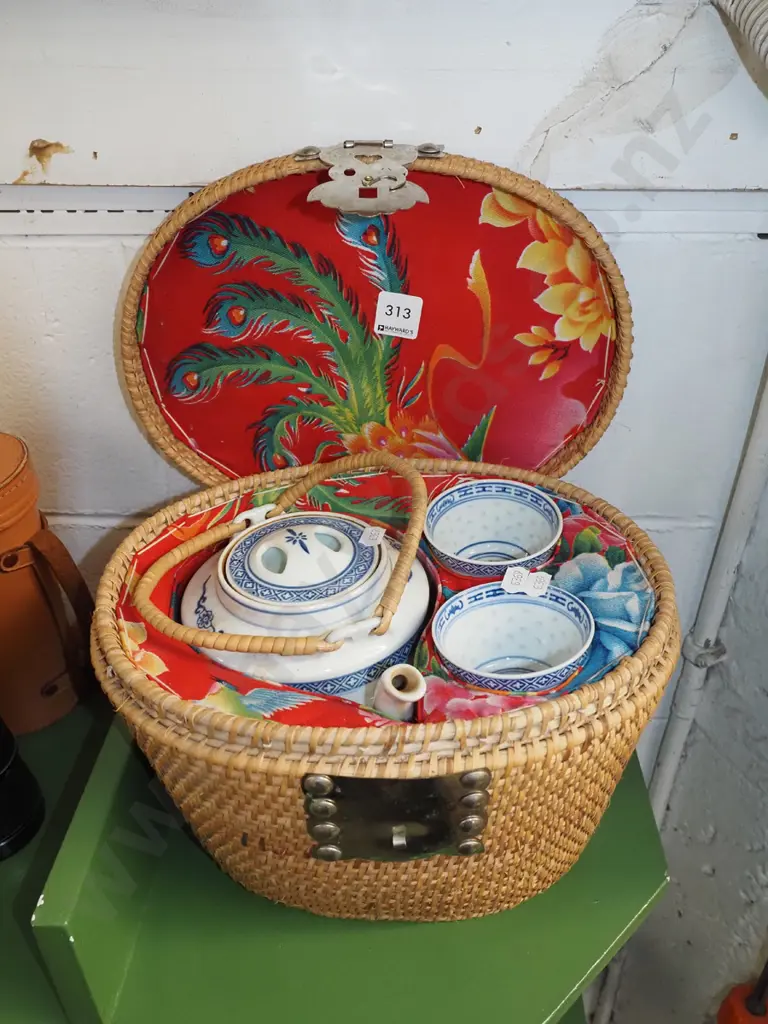 Asian tea service in insulated cane carry case Image 1++