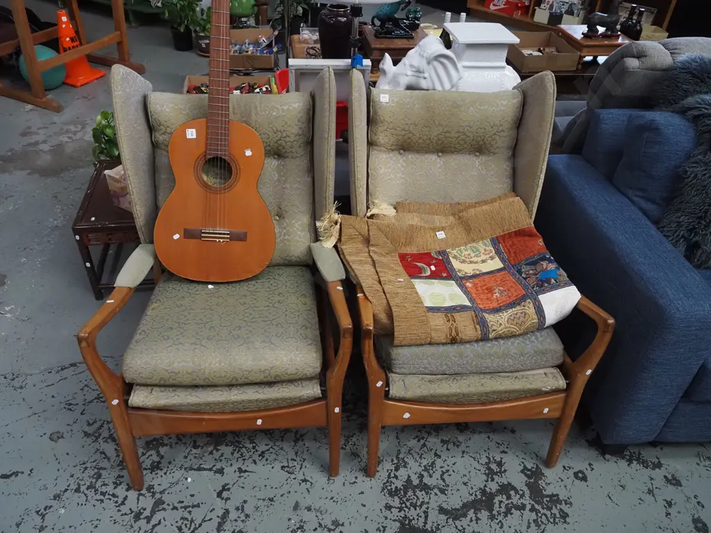 pair of mahogany mid century wingback deep buttoned armchairs Image 1++
