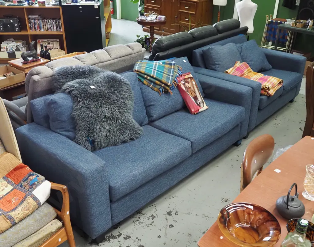 blue upholstered 2 piece lounge suite - 3 seater and 2 seater Image 1++