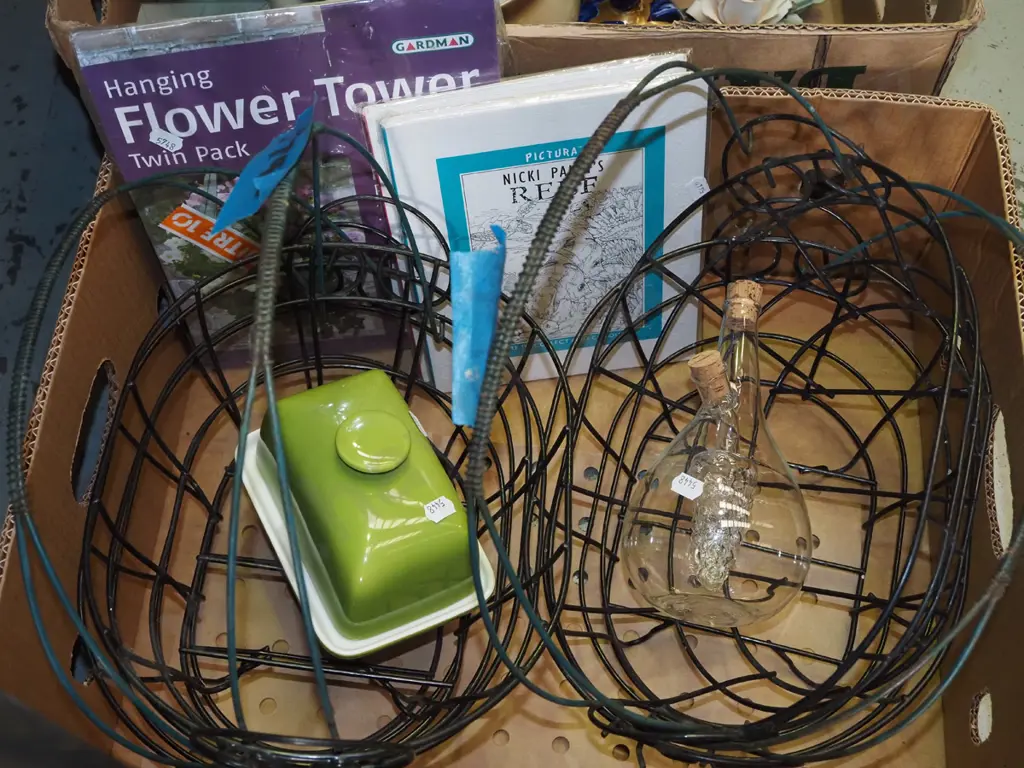 box; metal planter baskets, cheese cover dish, picture books etc Image 1++