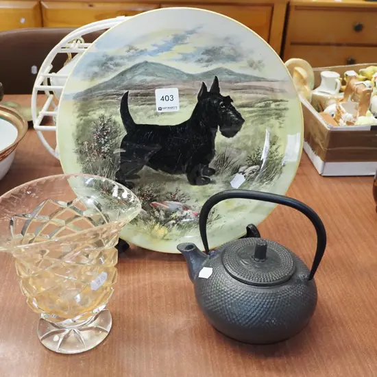 Royal Doulton scottie dog plate, crystal vase etc