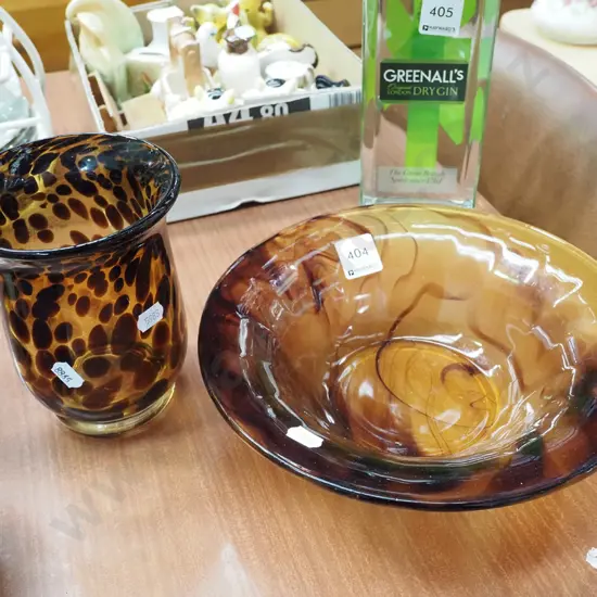 2x amber mottled glass bowl and vase H150