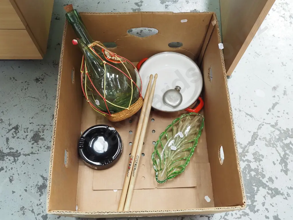 box; retro wine bottle, drum sticks, ashtray etc Image 1++