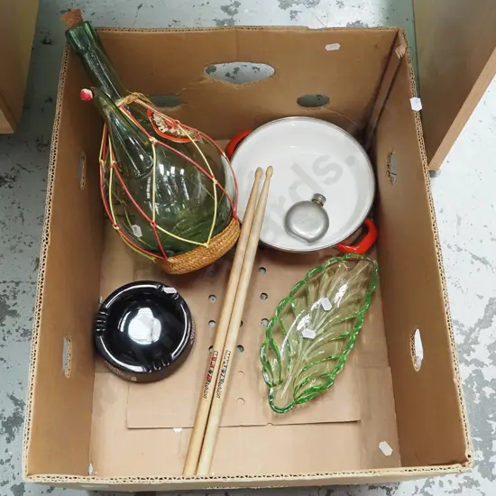 box; retro wine bottle, drum sticks, ashtray etc