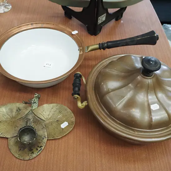 copper lidded pot, frying pan, lily pad themed candlestick