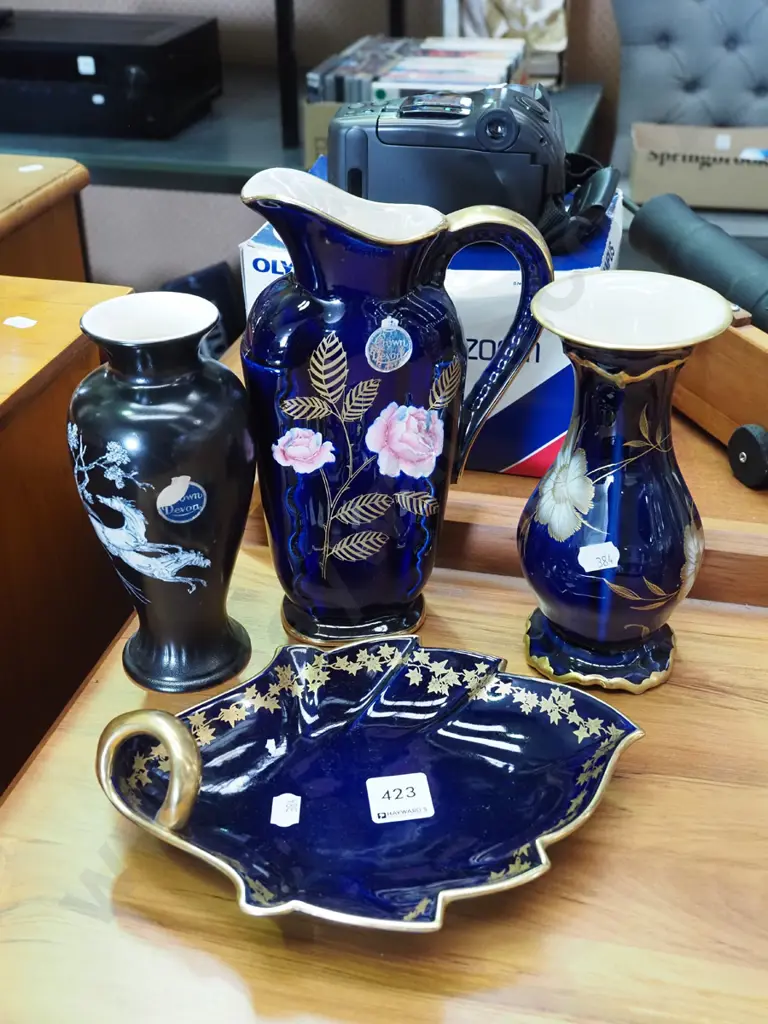 3x vases, Crown Devon cobalt dish H220 Image 1++