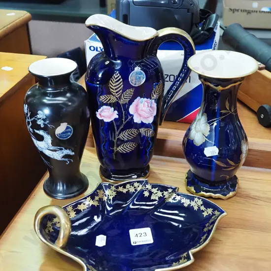 3x vases, Crown Devon cobalt dish H220