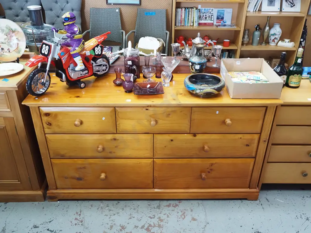 solid pine 7 drawer lowboy - marks to top H790 W1500 D445 Image 1++