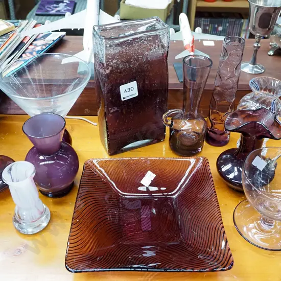purple glass items; bowl, jug etc