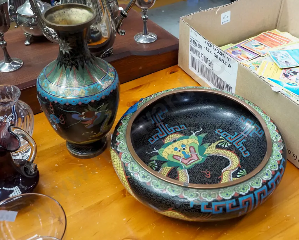 cloisonne dragon themed vase, bowl - faults H230 Image 1++
