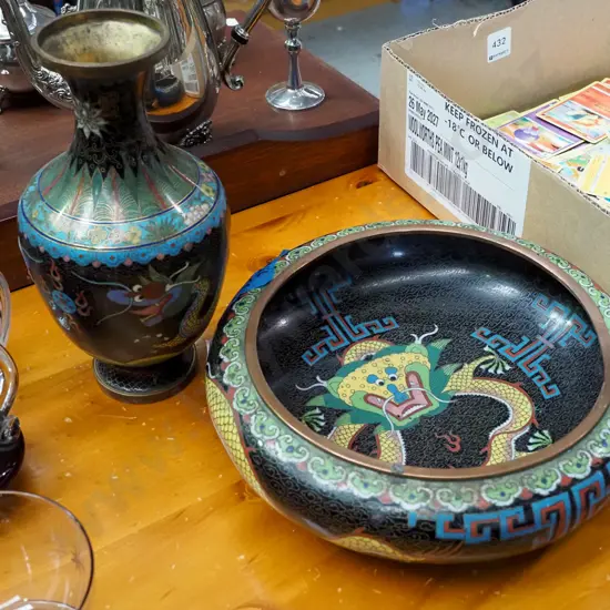 cloisonne dragon themed vase, bowl - faults H230