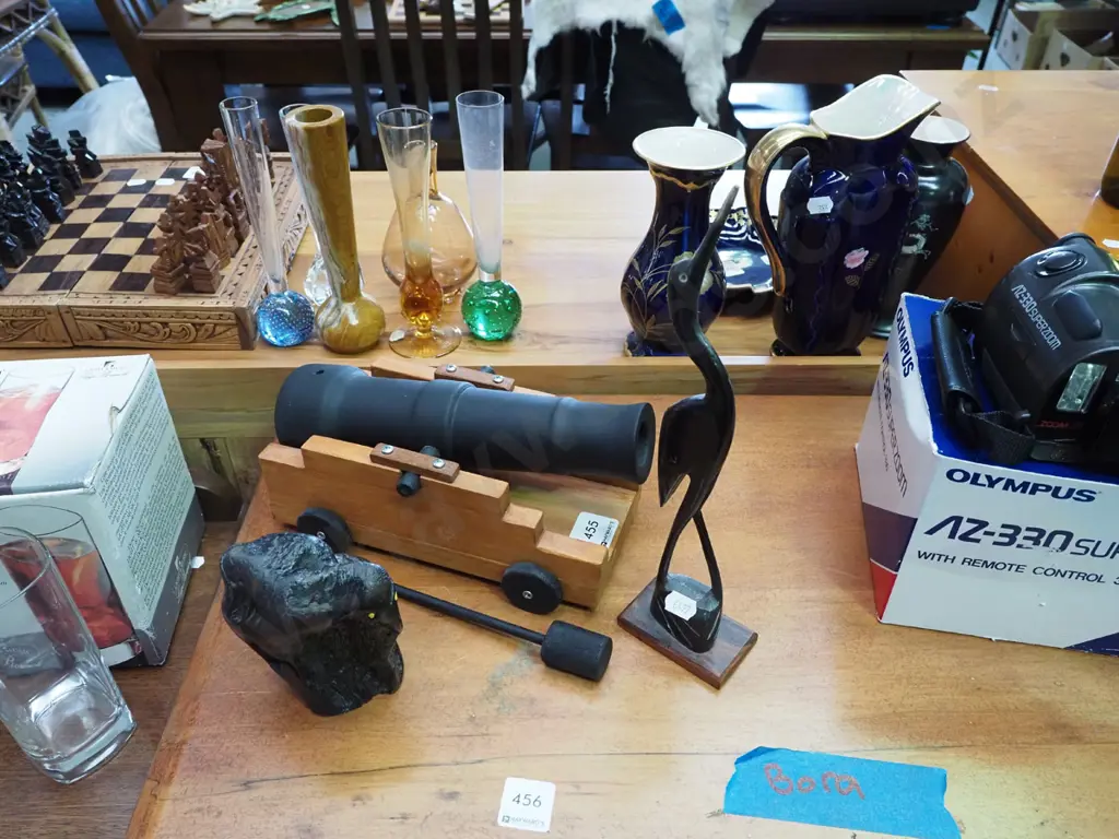 turned wood toy cannon, driftwood figurine, animal horn figurine Image 1++