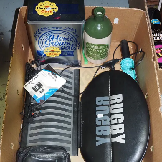 box; CD rack, tins, memory card, 2007 rugby world cup book