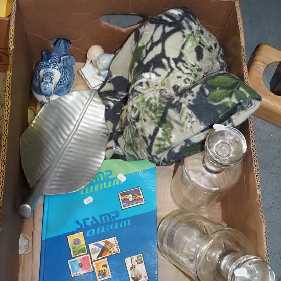 box; decanters, stamp album, polar fleece etc
