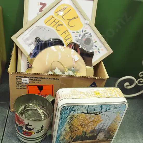 box; prints, flour sifter, biscuit tin