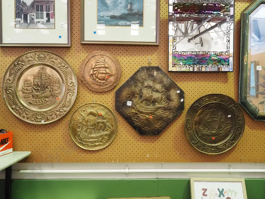 5x pressed brass and copper wall chargers - red dots Image 1++