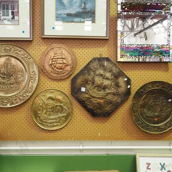 5x pressed brass and copper wall chargers - red dots