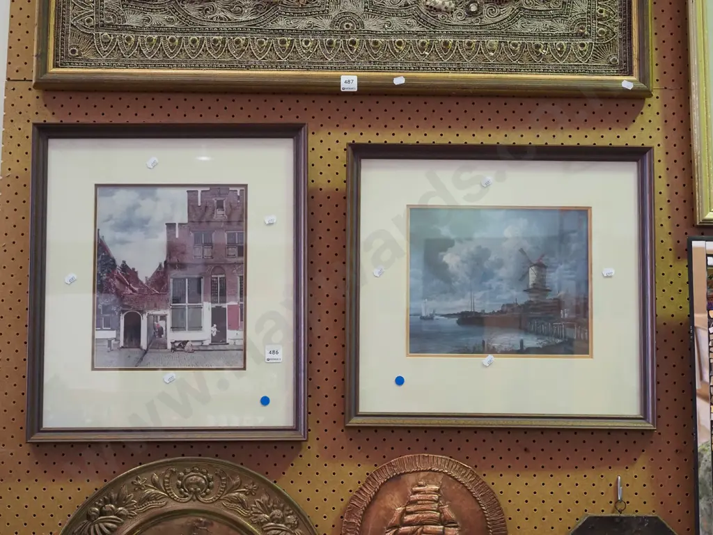 2x framed prints - city building, windmill - blue dots Image 1++