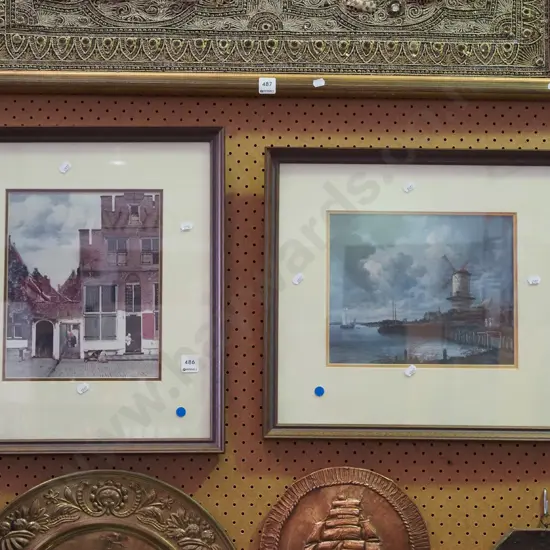 2x framed prints - city building, windmill - blue dots