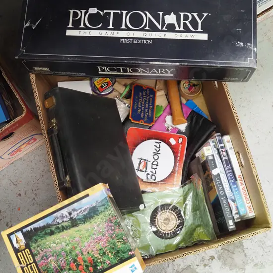 box; pictionary, DVDs, puzzle etc