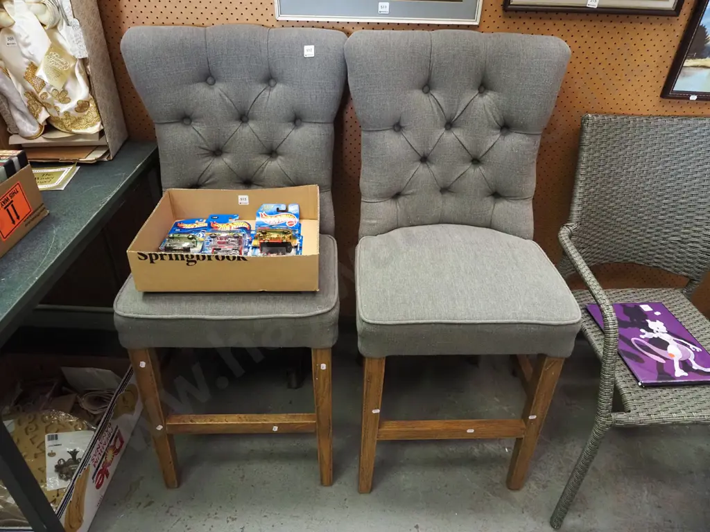 2x oak and grey upholstered highback chairs Image 1++