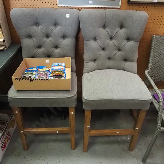 2x oak and grey upholstered highback chairs
