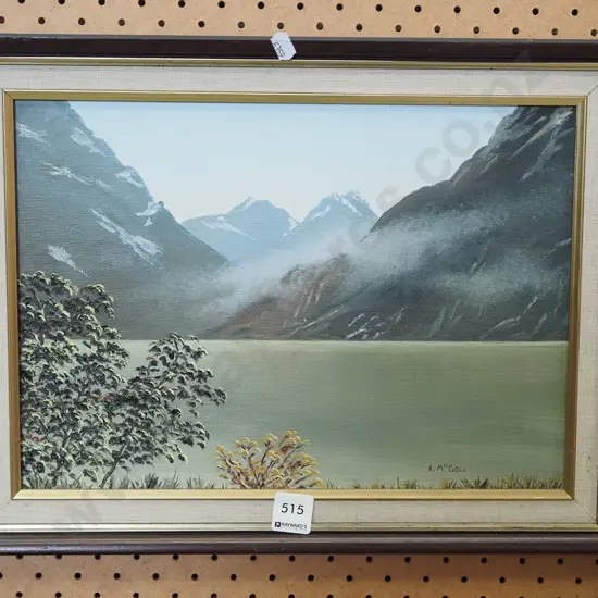 framed oil - lake and mountain scene