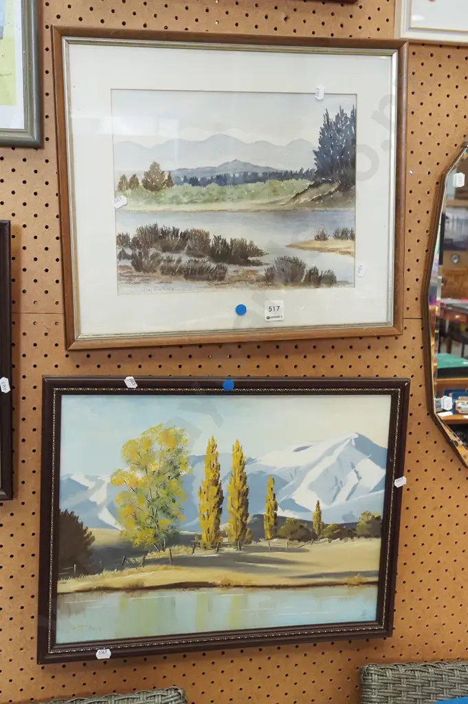 framed watercolour - stream and hills, oil - trees and hills - blue dots Image 1++