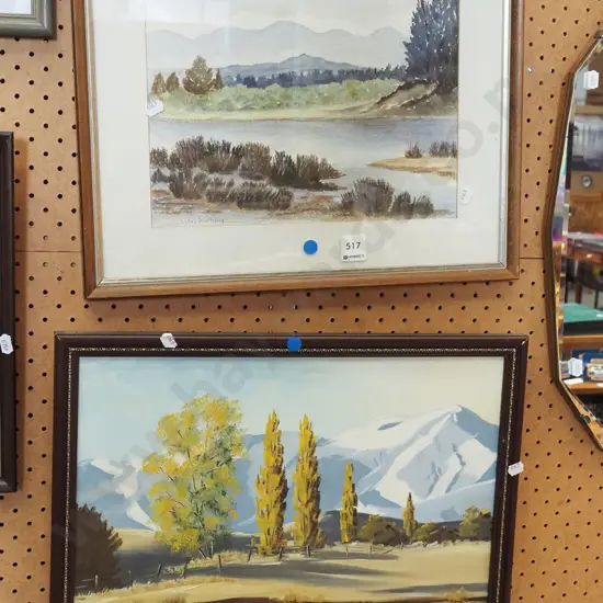 framed watercolour - stream and hills, oil - trees and hills - blue dots