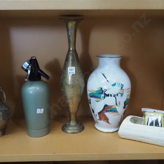 shelf; soda syphon, brass vase etc H420