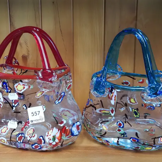 2x art glass baskets H200