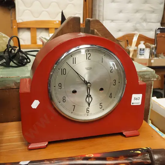 red painted Smiths wooden mantle clock