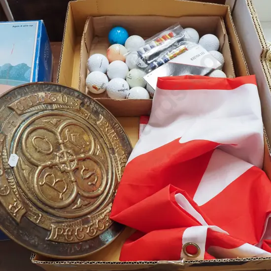 box; pressed metal Otago Boys High School wall plaque, golf balls, tees etc.