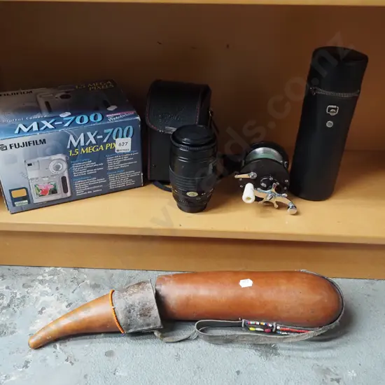 shelf; Fujifilm digital camera, fishing reel, lenses for SLR film cameras, etc.