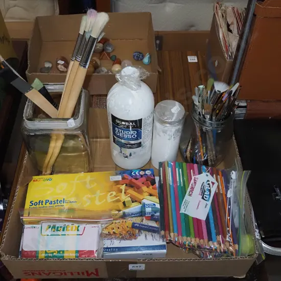 box; paint brushes, pencils, pastels